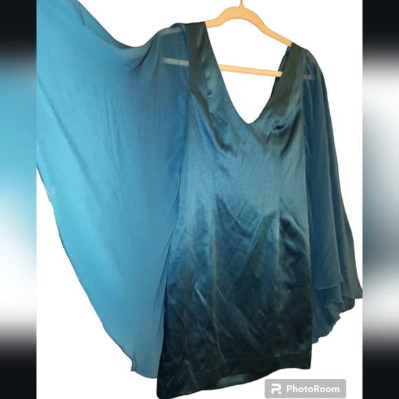 Pearl column dress with sheer butterfly sleeves. Gorgeous peacock blue. Size 4 - Picture 4 of 8